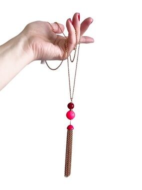 New KATE SPADE Long Tassel Bead Necklace ‘That’s A Wrap’ Gold Pink Red Tassel